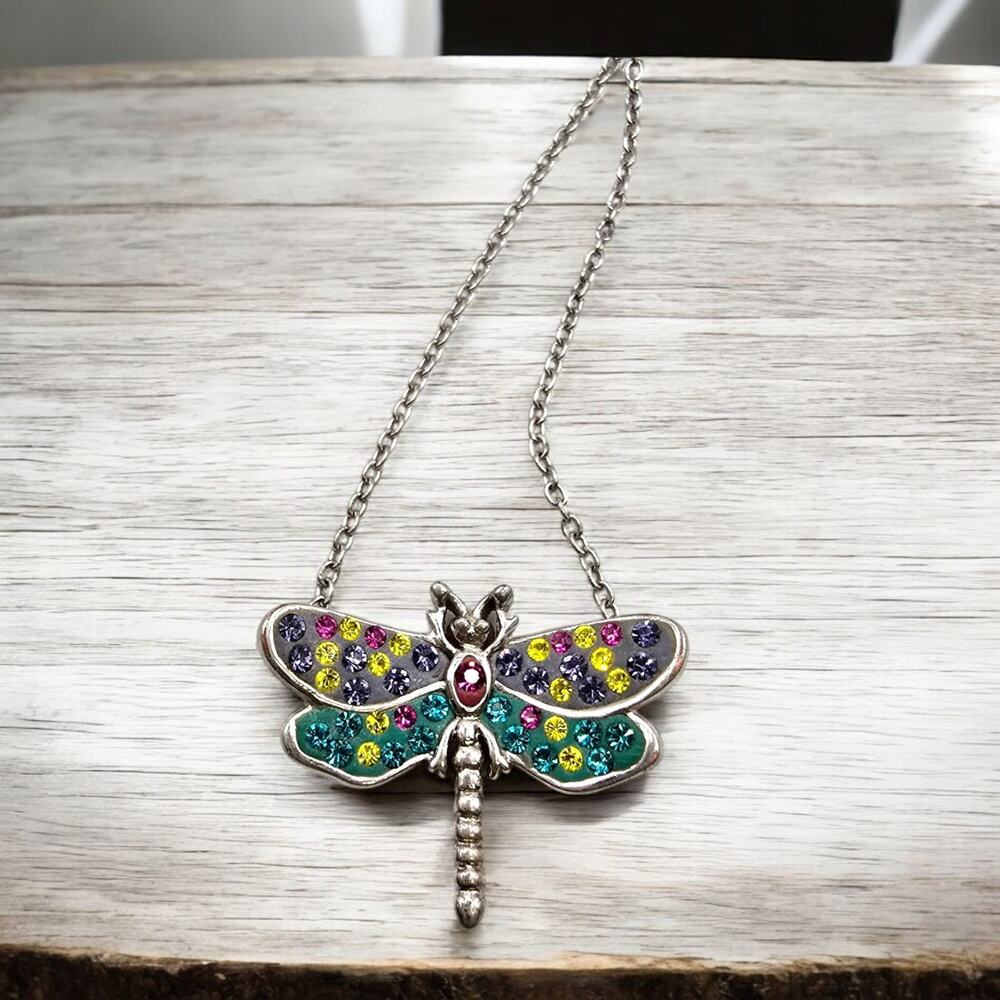 Small Dragonfly Pendant Necklace Multicolor Rhinestones Silver Tone Chain 16" L